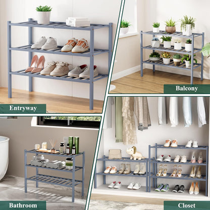 Smiry Bamboo Shoe Rack, 3 Tier Free Standing Wooden Shoe Organizer, Stackable Wood Shoe Storage Shelf for Closet, Entryway, 12 Vertical Slats, 2+1 Stack Standard Legs, 26.8"x11"x19.5", Natural