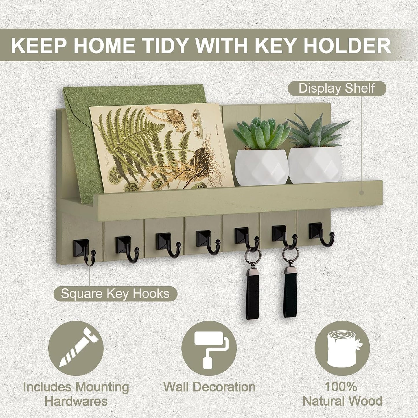 Key Holder for Wall, Decorative Key Holder with Shelf, Key and Mail Holder Wall Mount, Farmhouse Decor with 5 Key Hooks for Keys, Coats, ect.