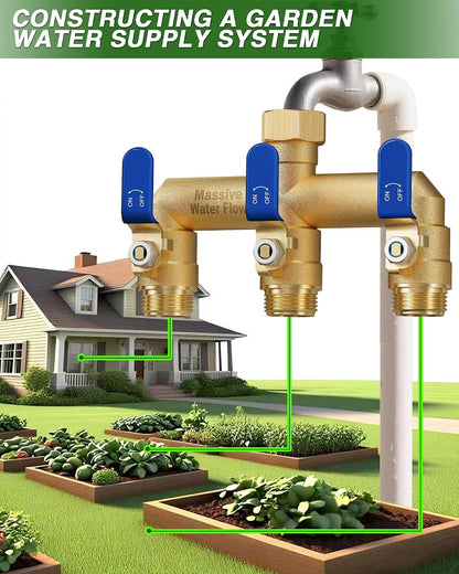 3 Way Hose Splitter, Heavy Duty Full Flow Garden Water Hose Bib Spigot Splitter, Brass Rust and Freeze Resistant Outdoor Faucet Splitter, T Adapter Connector with 3/4 - Inch GHT Thread （Green）