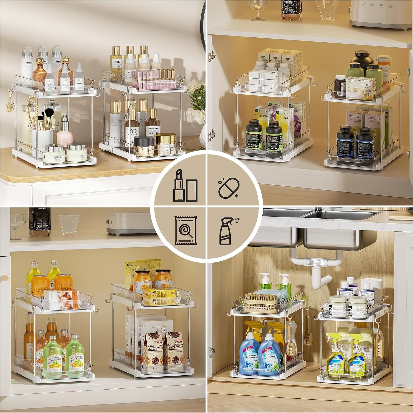 Delamu 2 Tier Under Sink Organizer Bathroom, Bathroom Cabinet Organizer with Snap-Lock Design and Hooks, Pull Out Storage with Movable Dividers, for Countertop, Kitchen and Pantry (Clear, 2 Pack)