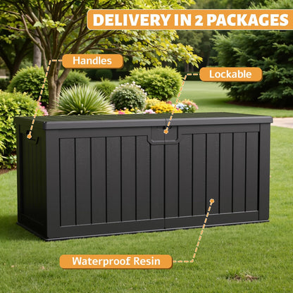 Flamaker Resin Deck Box 120 Gallon Waterproof Large Outdoor Indoor Storage Box Imitation Wood Resin for Patio Furniture Garden Tools and Pool (Black)