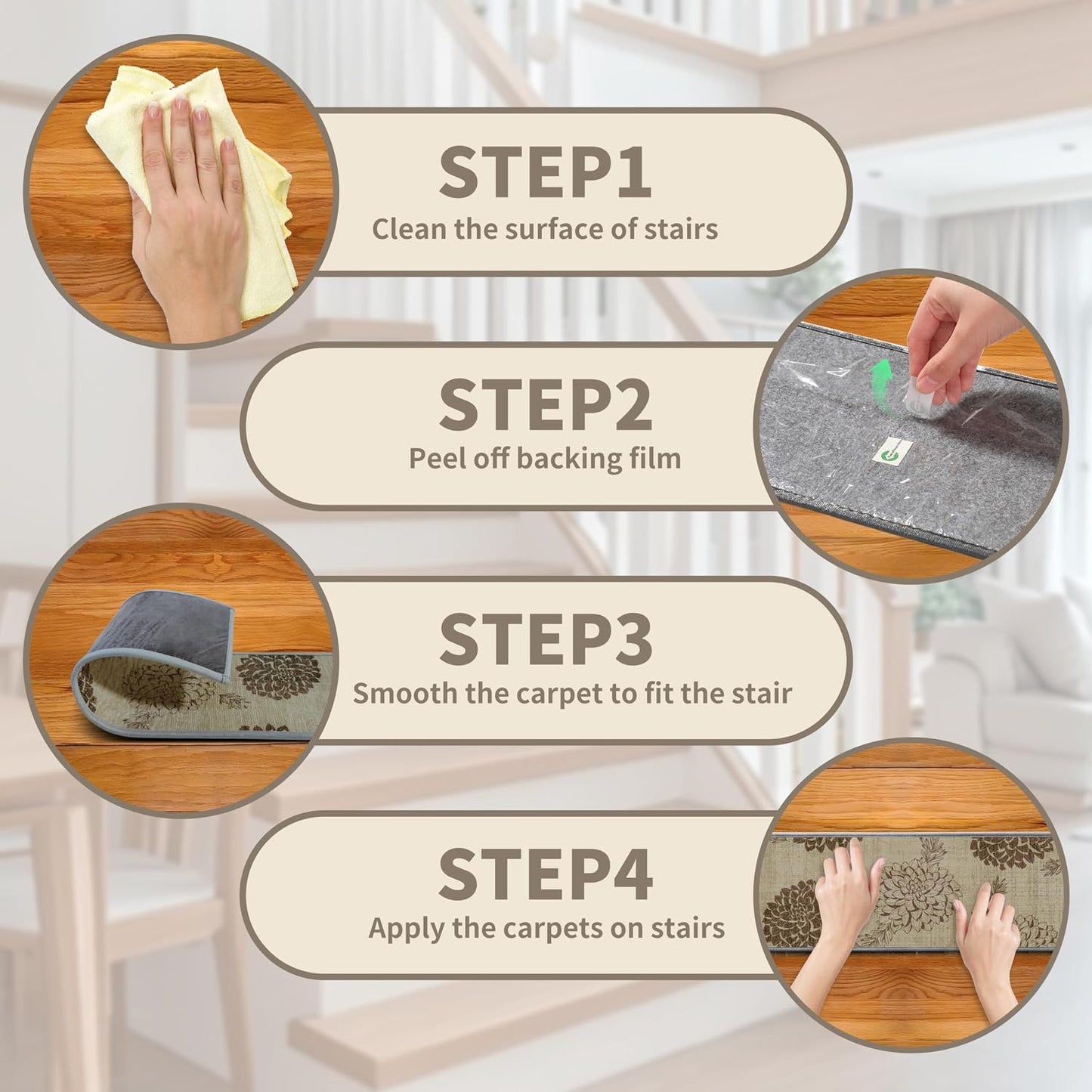 Non-Slip Carpet Stair Treads 15PCS, 8"x30" Peel and Stick Stair Runner for Wooden Steps Indoor, Washable Reusable Adhesive Backing, Pet-Friendly Safety Mats for Kids, Elders, Dogs