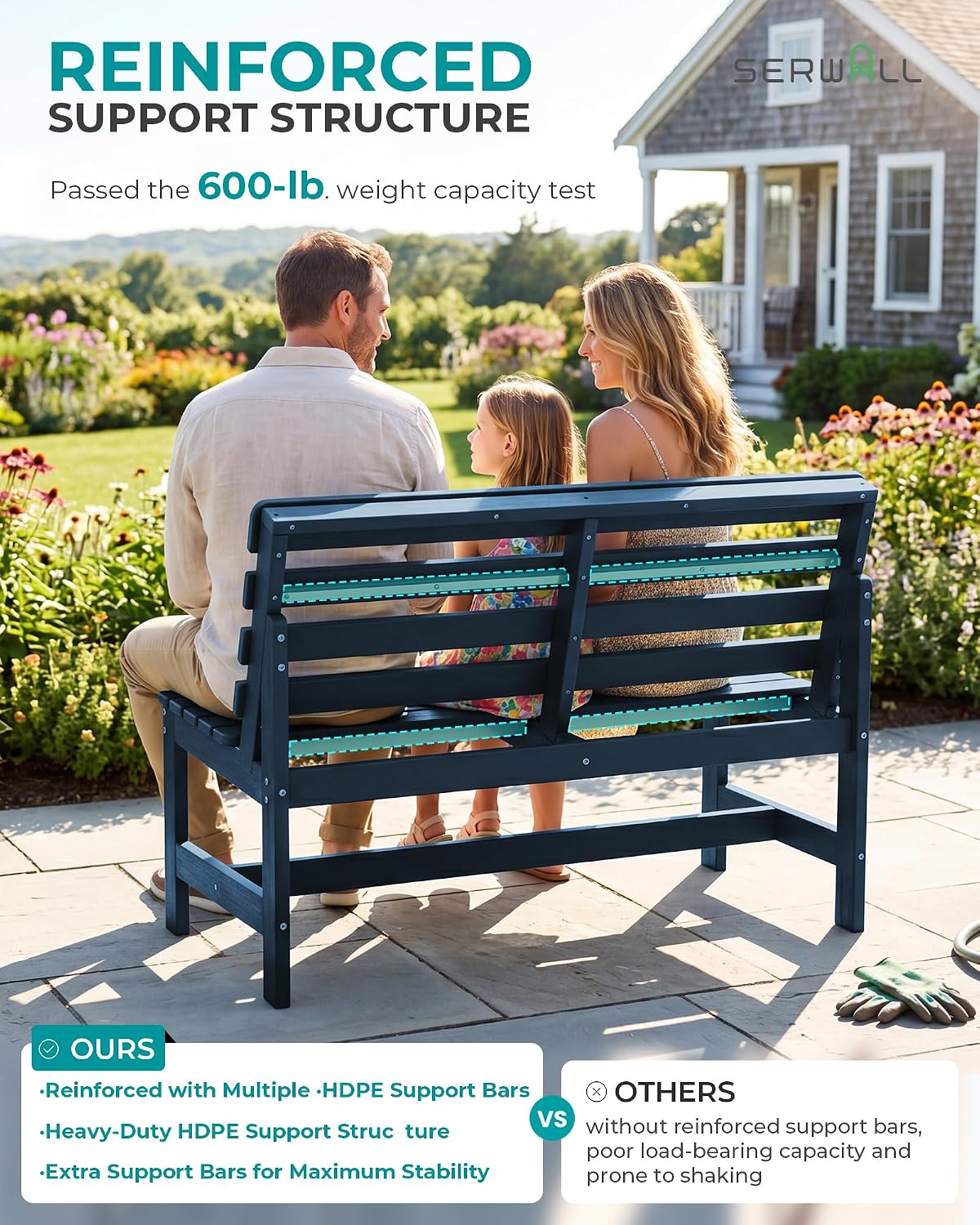 SERWALL HDPE Outdoor Storage Bench, Deck Box with Waterproof Storage Bags | All-Weather Benches | 57 Gallon Dual-Use Seat | Organizer Deck Boxes for Patio, Garden Tools & Pool | Dark Black