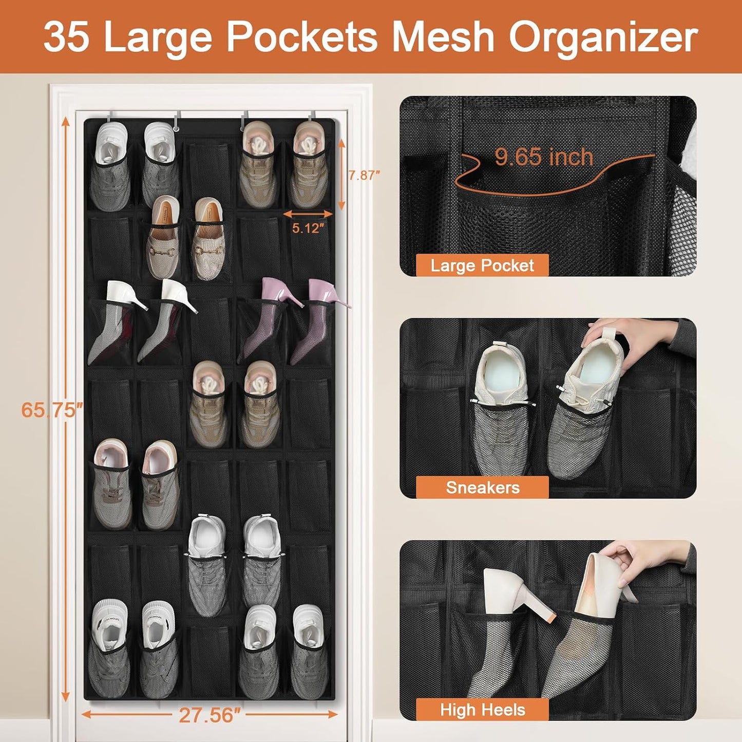 FENTEC 40 Large Pockets Over The Door Shoe Organizer, Mesh Hanging Shoe Organizer Shoe Rack for Closet Mesh Closet Shoe Holder, Over Door Organizer, Shoe Organizer for Wall, Grey, 1 Pack
