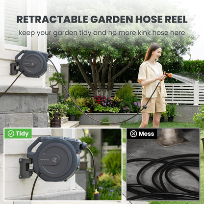 Giraffe Tools Retractable Garden Hose Reel 1/2 Inch x 100 ft, Super Heavy Duty, Any Length Lock, Slow Return System, Wall Mounted and 180 Deg Swivel Metal Bracket