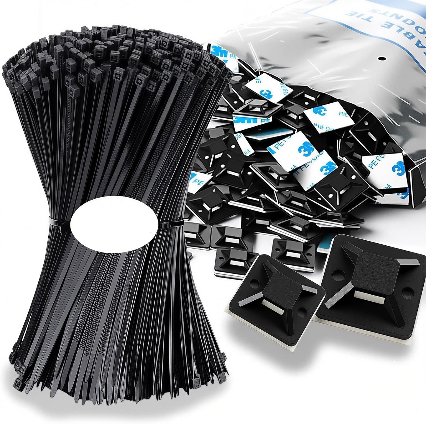 Zip Tie Mounts - SeuYeugX 100PCS Cable Self Adhesive Mounts Set for Wire Management with Stick Pads Anchors Clips Squares Holders (Black)