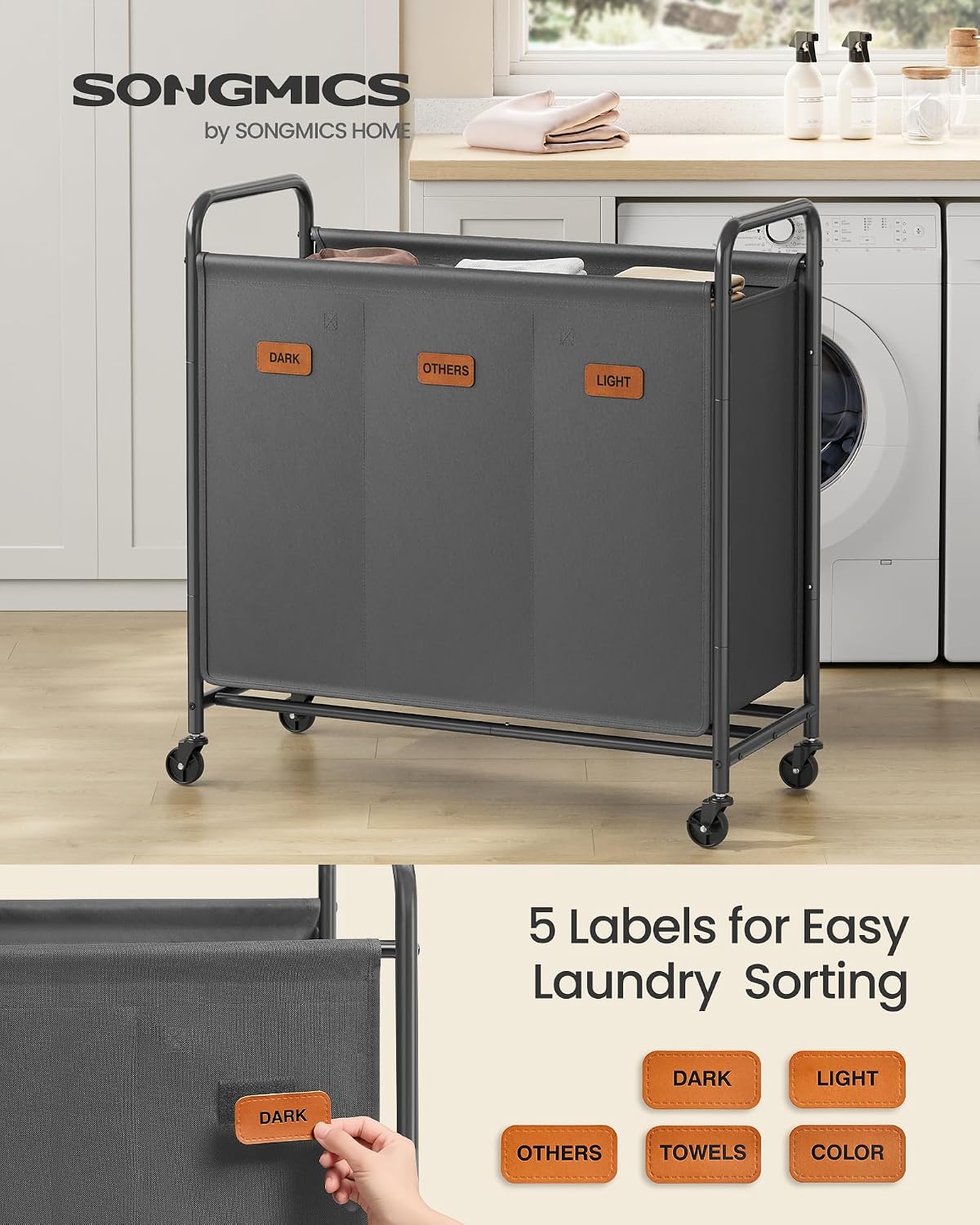 SONGMICS 3-Section Laundry Sorter, Laundry Hamper with Wheels, Rolling Clothes Hamper Cart with Large Capacity and Removable Bags, for Laundry Room, Bedroom, Bathroom, Ink Black URLS330B01