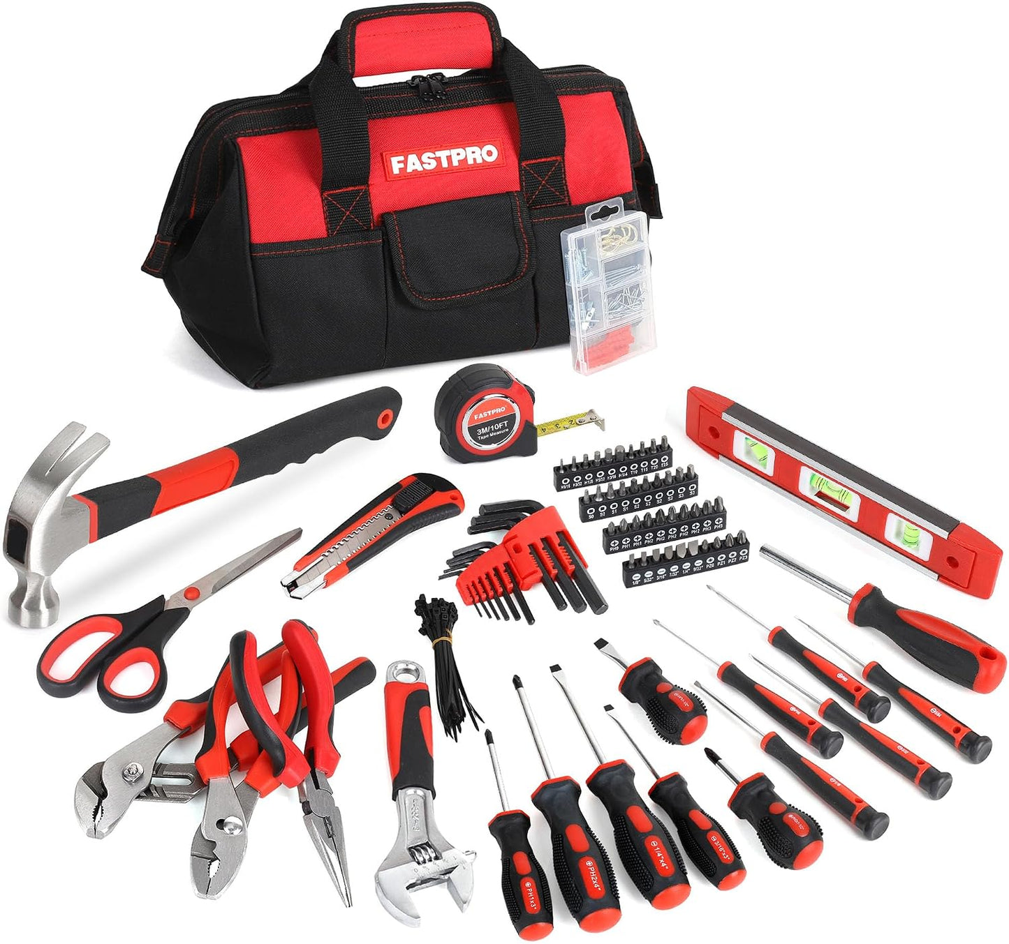 FASTPRO 220-Piece Home Tool Set, Household Repairing Tool Kit, with 12-Inch Wide Mouth Open Storage Tool Bag, Green