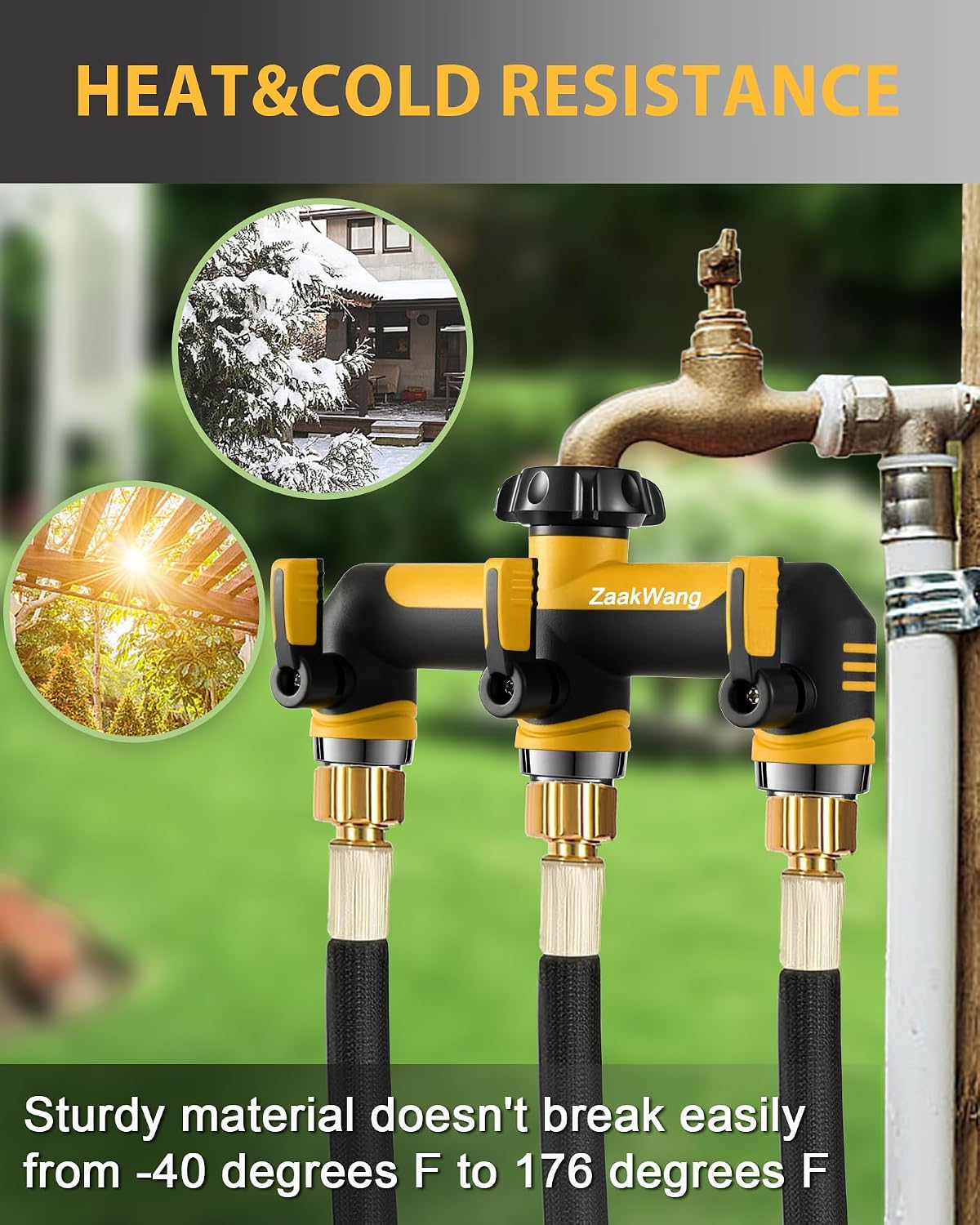 Garden Hose Splitter 2 Way, Heavy Duty Water Hose Spigot Bib Splitter, Outdoor Faucet Splitter with Shutoff Valve, T Adapter Connector with 3/4 - Inch GHT Thread (Grey)