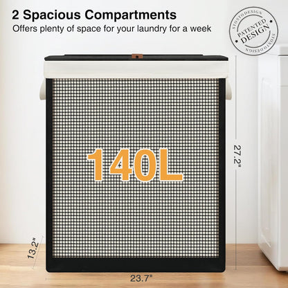 STO STO Laundry Hamper 3 Section with Lid, 180L Large 3 Compartment Laundry Sorter, Laundry Basket with Removable Washable Liner Bag, Breathable Clothes Hamper for Bedroom Bathroom Laundry Room Closet