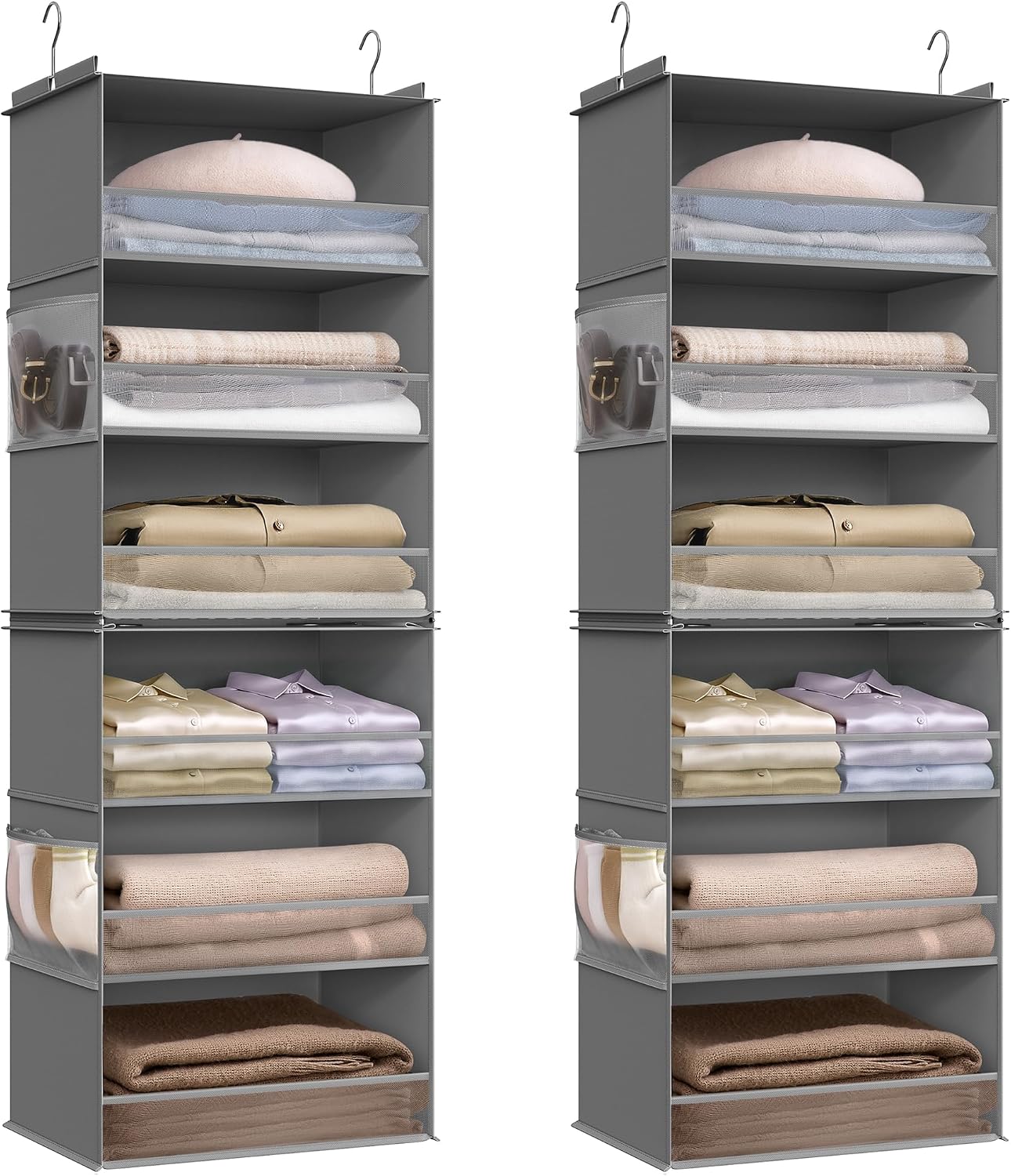 SONGMICS Hanging Closet Organizer, 6-Tier Fabric Storage Shelf, Separable Closet Hanging Shelf with Side Pockets, Foldable, Metal Hooks and Bamboo Inserts, Dove Gray URCH007G01