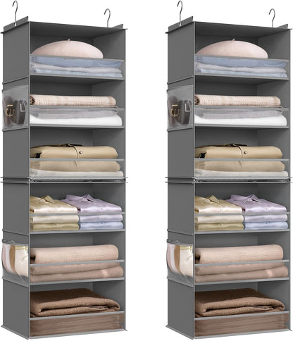 SONGMICS Hanging Closet Organizer, 6-Tier Fabric Storage Shelf, Separable Closet Hanging Shelf with Side Pockets, Foldable, Metal Hooks and Bamboo Inserts, Dove Gray URCH007G01