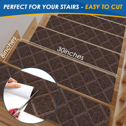 RIOLAND Stair Treads Carpet Non-Slip Indoor 15 PCS Wood Stair Treads Rugs Anti Moving Modern Stair Runners Safety for Kids Dogs, 8" X 30", Diamond Gray