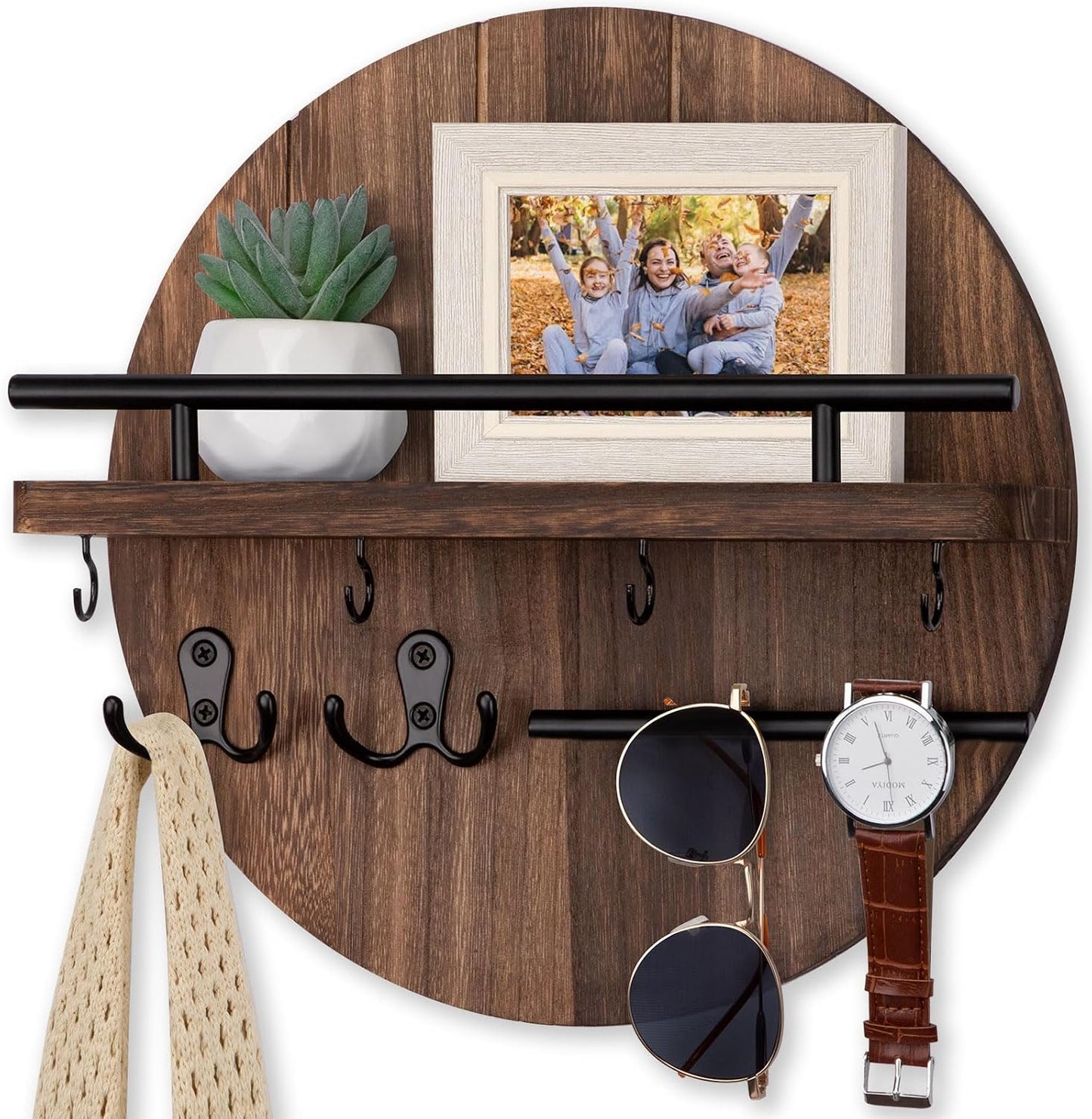 Nekon Key Holder Wall Mount, 11.8 Inch Rack With Shelf and 6 Hooks, Rustic Mail Organizer, Circular Wooden Hanger for Entryway Hallway Kitchen (Brown&Gold)