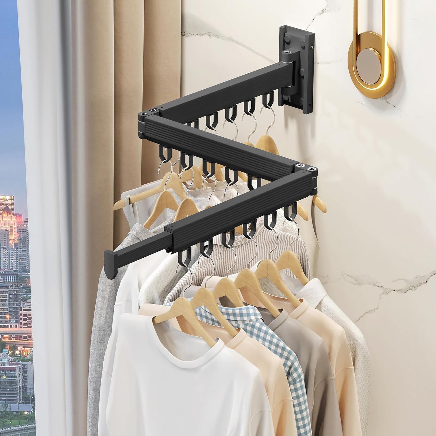 Wall Mounted Tri-Fold Clothes Drying Rack, Heavy Duty Collapsible Laundry Drying Rack, Space-Saving Retractable Foldable Drying Rack Clothes for Laundry Room Balcony Bathroom,Black-Hooks