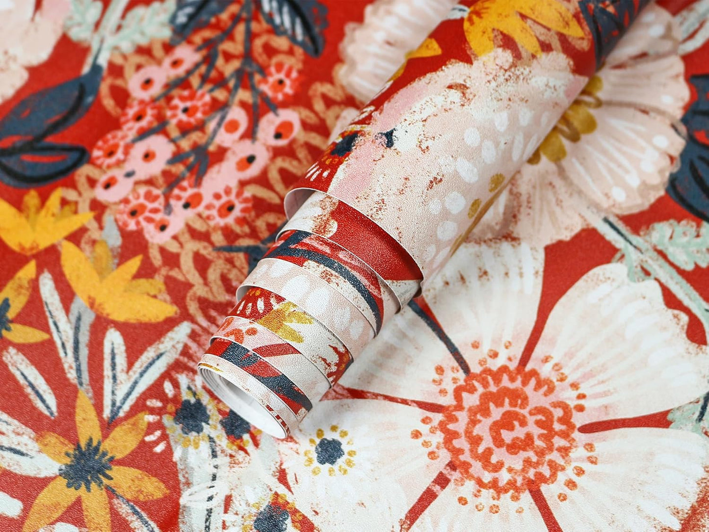 HAOKHOME Boho Peel and Stick Wallpaper Floral Wall Paper Removable for Bedroom Navy/Pink/Orange Contact Paper 17.7in x 9.8ft