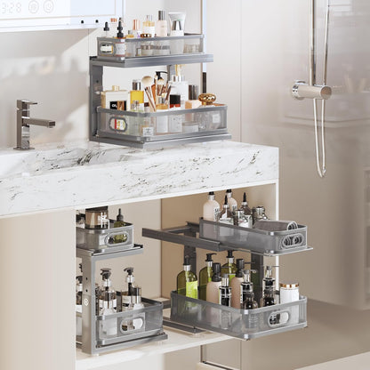 2 Pack 18.5IN-Depth Under Sink Organizer With Next-Gen Ball-Bearing Slides,2-Tier Precision Mesh Pull Out Cabinet Storage for Bathroom&Kitchen,Height Adjustable Drawers Shelf,Anti-rust-White