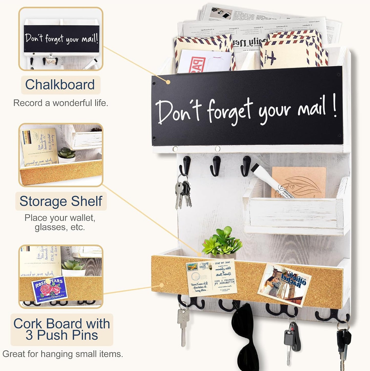 Key Holder for Wall Mount with Shelf and Mail Organizer, Key and Mail Holder with 16 Hooks, Farmhouse Entryway Organizer, Home Decor Rack (Pine Wood, Black)