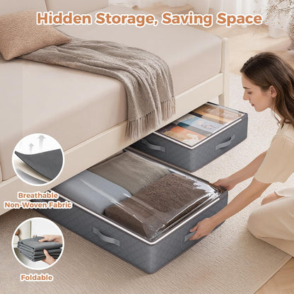 Budding Joy 90L Under Bed Storage Containers, 4 Pack Closet Organizers Grey | Foldable underbed storage bins for linen sheets, blanket, clothing, comforter, sweaters, pillows, wrapping paper