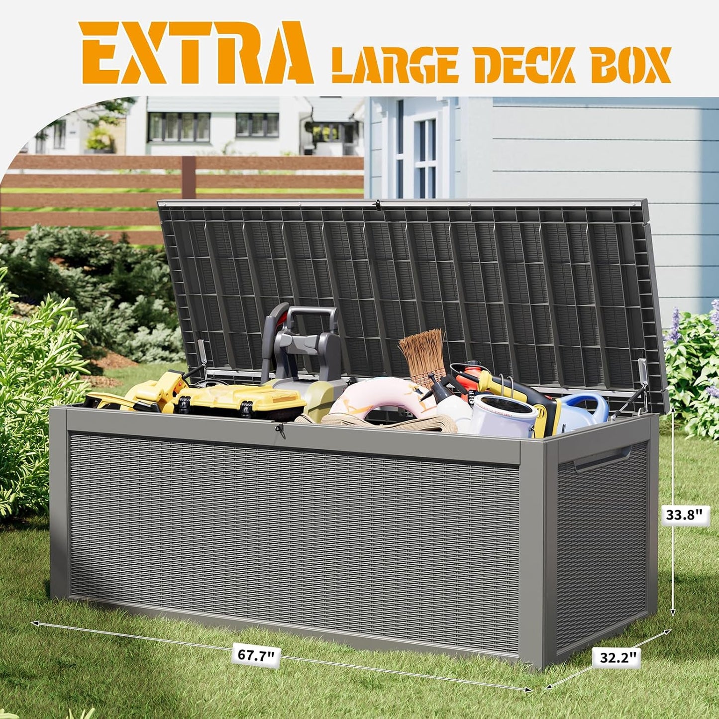 NUNU LAB Outdoor Storage Box, 45 Gallon Outside Deck Box Waterproof, Resin Outdoor Storage Cabinet With Lockable Lid, Backyard Storage Bench For Garden Tools, Patio Cushions, Pool Tools, Black