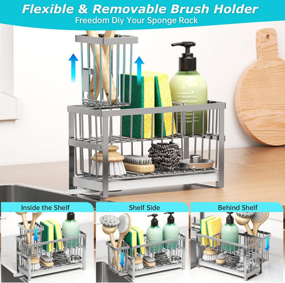 Liuoud Sponge Holder for Kitchen Sink, 2 Tier Sink Caddy Organizer Countertop with Dish Brush Holder and 360° Drain Tray, Rustproof Stainless Steel Dish Soap Storage Rack Set for Accessories Grey