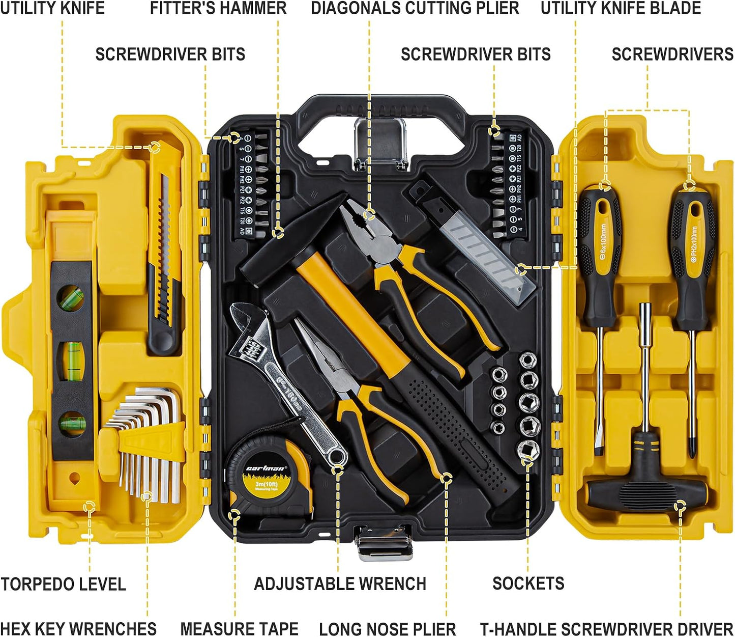 CARTMAN 57-Piece Home Tool Kit, Yellow Household Tool Set With Storage Case | Complete household tool assortment for home repair, maintenance, DIY projects, furniture setup, and daily fixes in tool case.