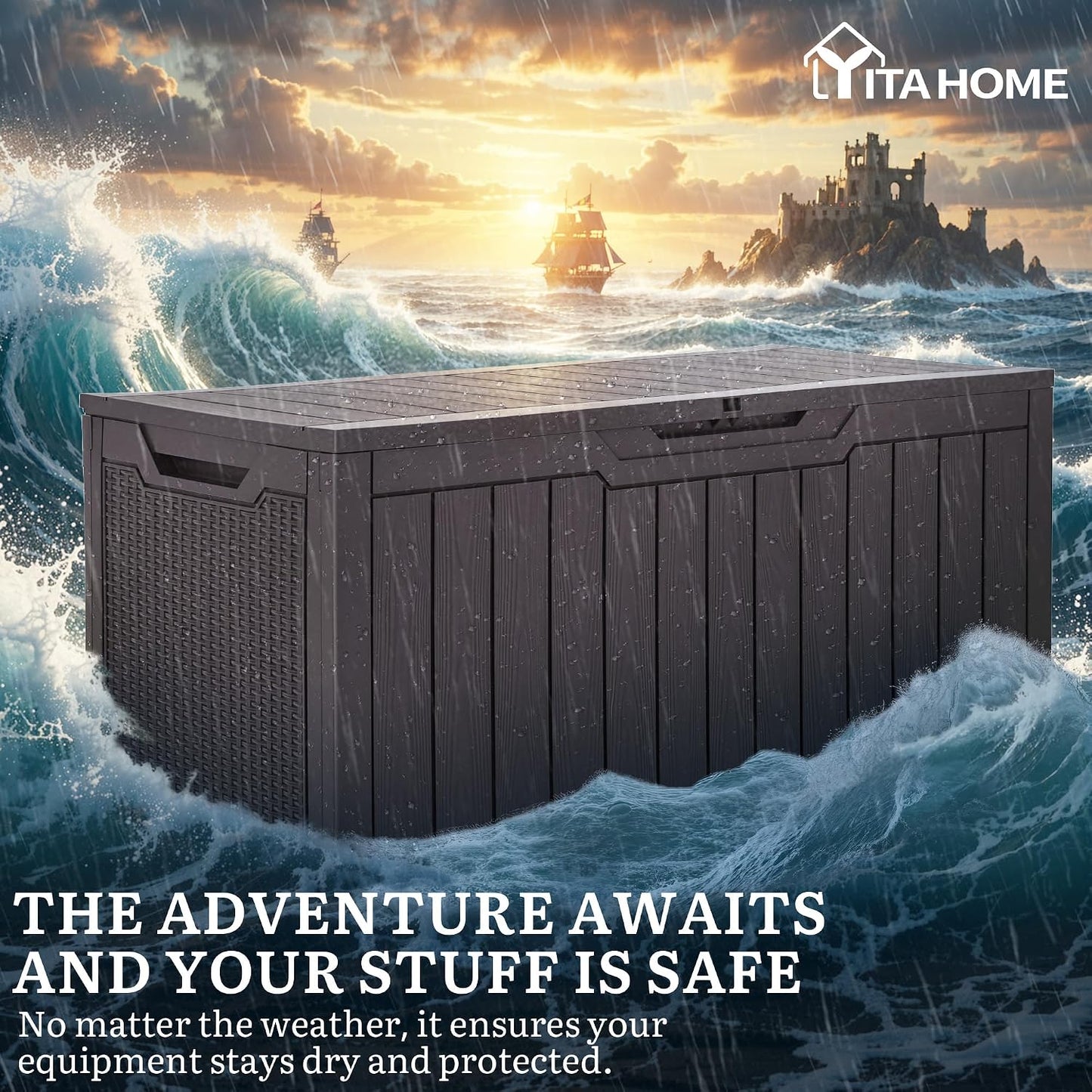 YITAHOME 100 Gallon Large Outdoor Deck Box | Waterproof Resin Storage Box, Lockable Indoor Outdoor Storage Container for Patio Furniture Cushions, Pool Accessories
