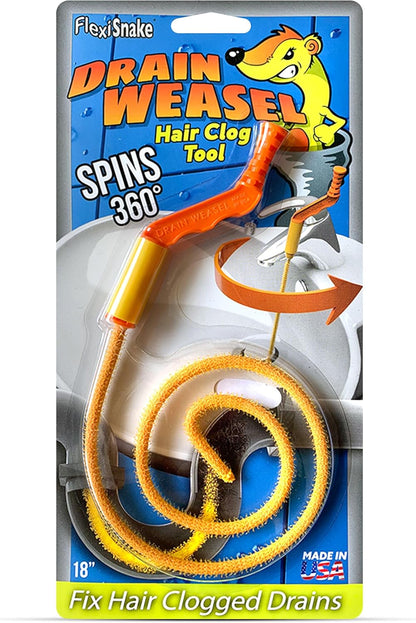 FlexiSnake Drain Weasel Sink Snake Hair Clog Remover Tool Kit, Sink, Pipe, Bathroom, Bathtub Drain Cleaner, 18-inch Long, Flexible, Made in The USA, 1 Wand and Removable Handle
