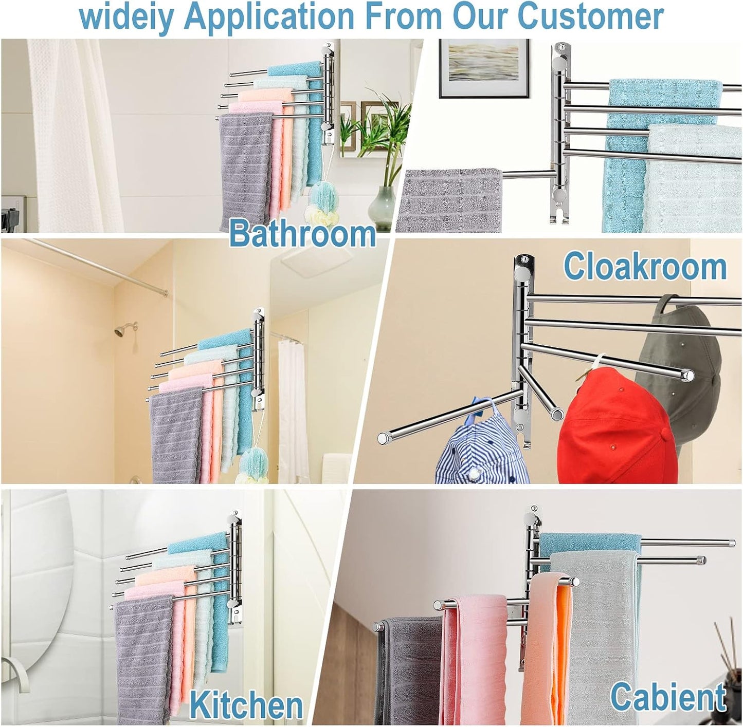 5-Arm Swivel Towel Rack - 180° Rotating Wall Mounted, 304 Stainless Steel Rustproof, Heavy Duty Bathroom Accessories, Space Saving Towel Organizer for Bathroom Kitchen Laundry - Pearl White