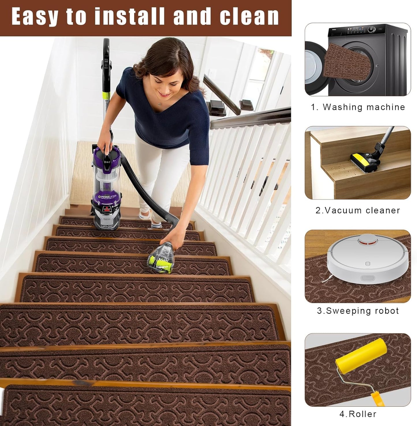15Pcs Stair Treads for Wooden Steps With Self Adhesive, 8"x30" Non Slip Stair Runners-Peel & Stick Indoor Stair Carpet Runner, Resistant Runner for Kids, Elders and Pets, Black