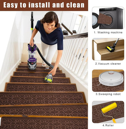 15Pcs Stair Treads for Wooden Steps With Self Adhesive, 8"x30" Non Slip Stair Runners-Peel & Stick Indoor Stair Carpet Runner, Resistant Runner for Kids, Elders and Pets, Black
