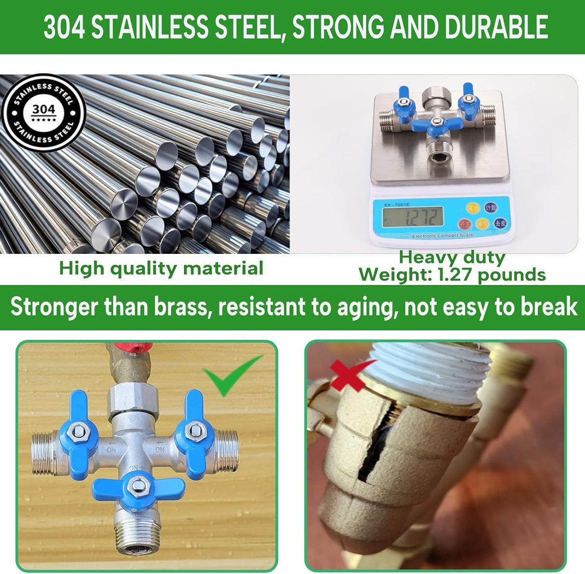 304 Stainless Steel Garden Hose Splitter 2 Way Heavy Duty, Full Flow Hose Y Splitter with Long Handle,Lead-free Y Valve Water Garden Hose Adapter,3/4" GHT Threads