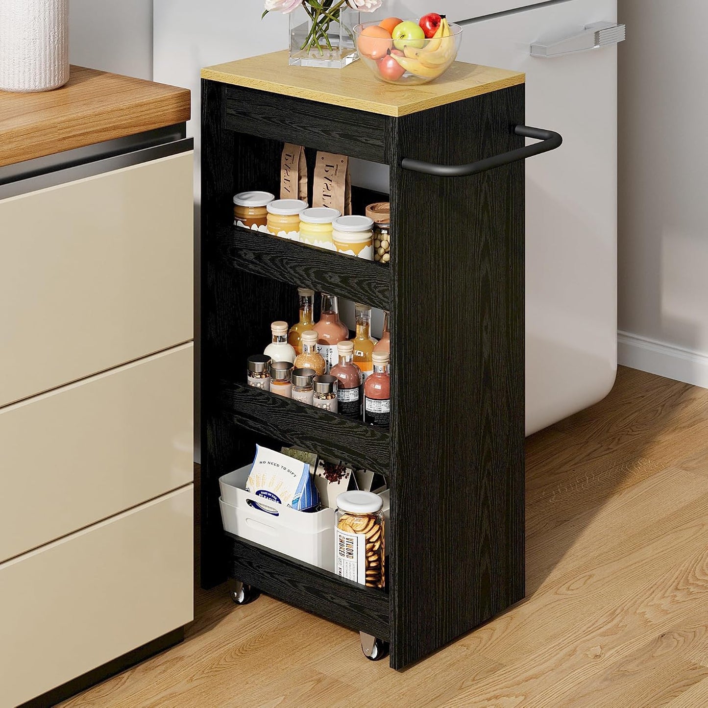 IRONCK Wood Storage Cart 15.8" W, 4 Tier Rolling Kitchen Cart on Wheels, Slide Out Utility Cart, Organizer Trolley with Handle, Drawer for Kitchen, Laundry, Bathroom, Black