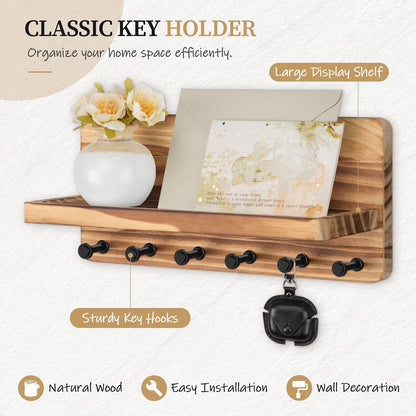 Nekon Key Holder for Wall with Shelf, Pine Wooden Key Hanger Wall Mounted, Farmhouse Wall Organizer for Home Entryway & Apartment (Standard, Wood)