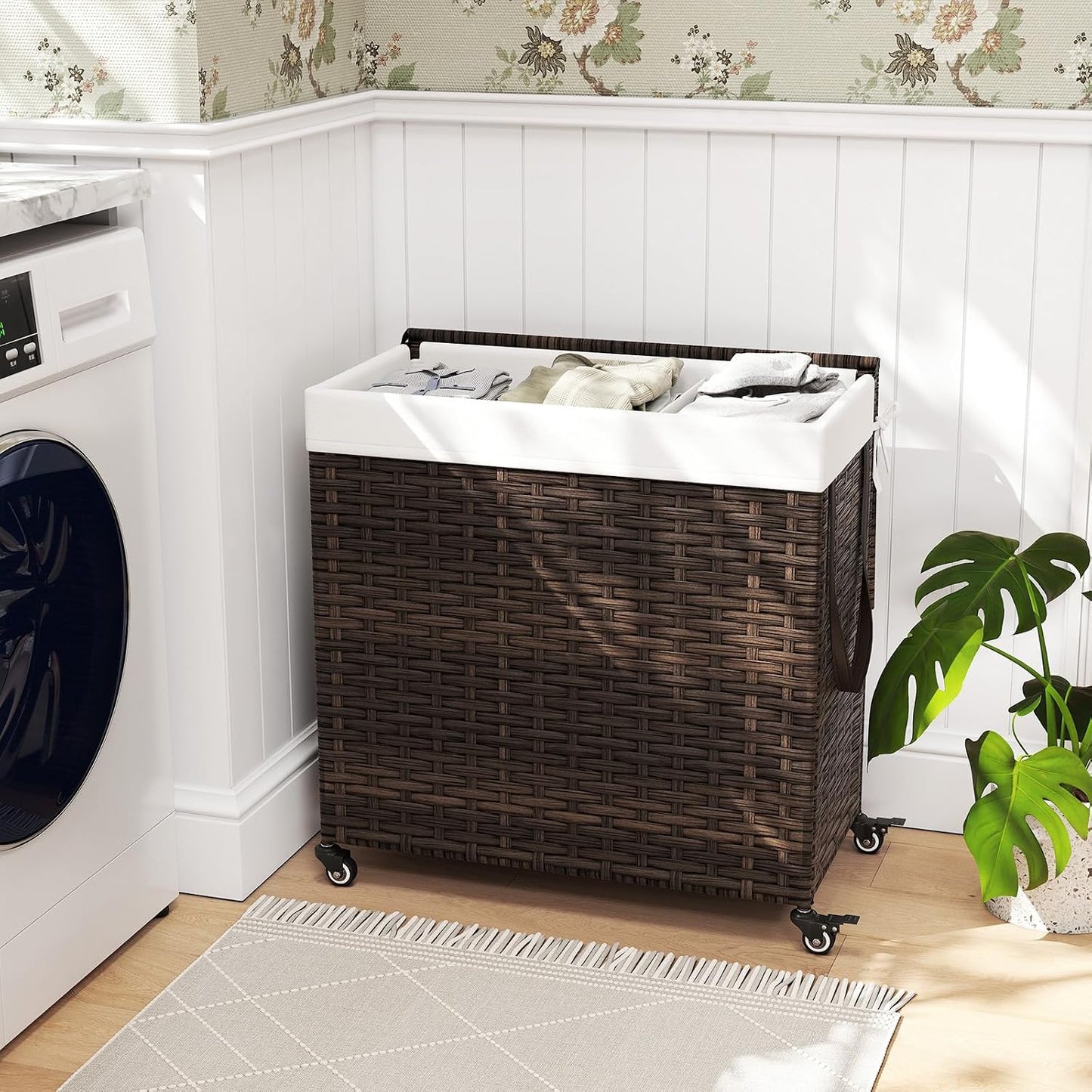 GOFLAME Laundry Hamper with Lid and Wheels, 125L Hand Woven Rattan Laundry Basket with 3 Divided Sections, Handles, 2 Removable and Washable Liner Bags, Dirty Clothes Hamper for Bedroom (Natural)