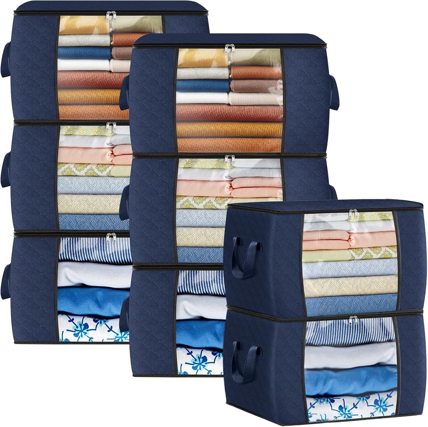 Fab totes 6 Pack Storage Bags for Clothes and Blanket, Foldable Closet Organizers and Storage with Zippers, Clear Window and Handles, Fabric Storage Bins for Sweater, Comforter, Bedding,Linen Sheets