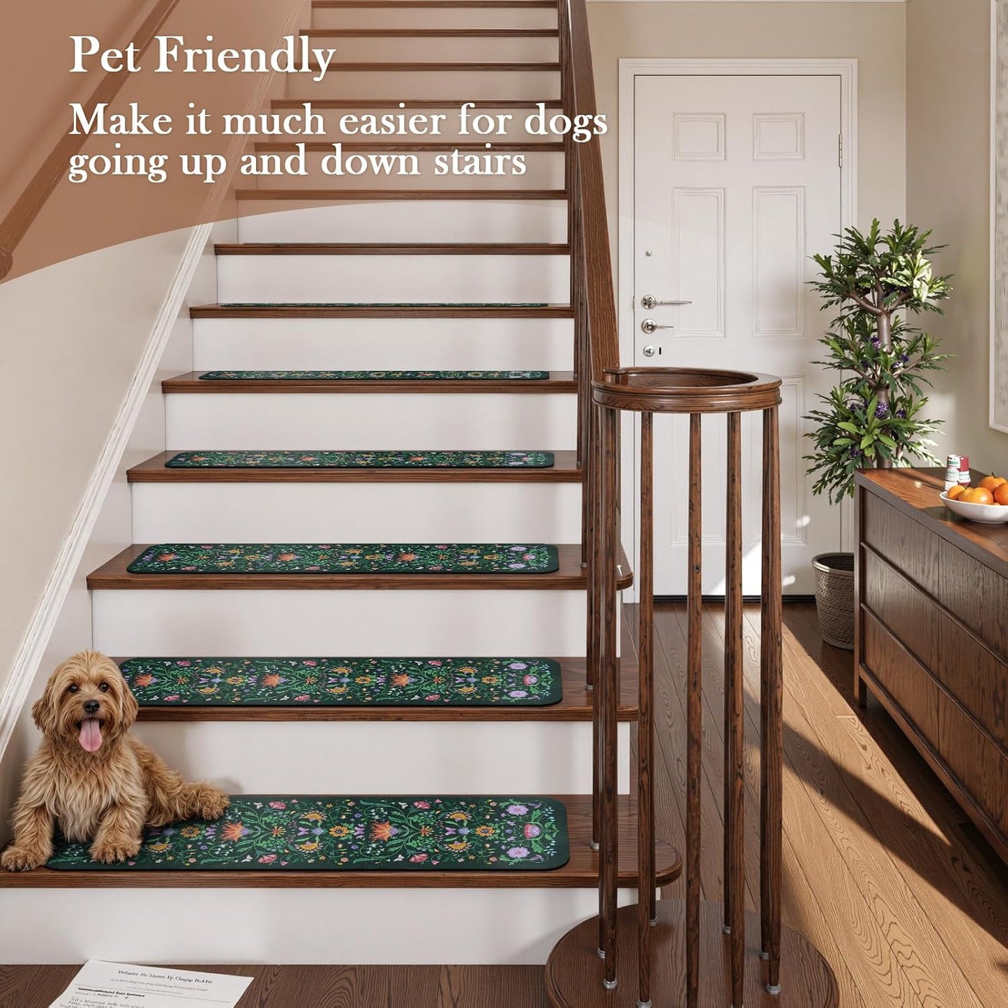 OJIA Floral Stair Treads Non-Slip Carpet Stair Treads for Wooden Steps Indoor 15PCS 30"x8" Stair Runner Stair Mats Staircase Step Treads for Kids, Elders and Dogs, Stair Covers, Black