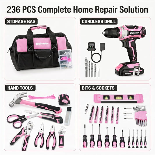 Bielmeier 20V 236Pcs Cordless Pink Drill Set for Women, Lady’s Essential Home Tool Kit with Pink Bag, Perfect DIY Electric Screwdriver Set for Home Repair & Gifts