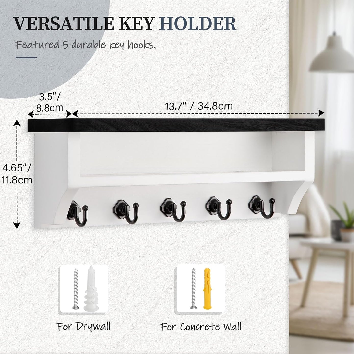 Nekon Key Holder Wall Mount, Wall Organizer Shelf with 5 Key Hooks, Room Decor for Home and Apartment Essentials, White