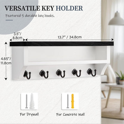 Nekon Key Holder Wall Mount, Wall Organizer Shelf with 5 Key Hooks, Room Decor for Home and Apartment Essentials, White