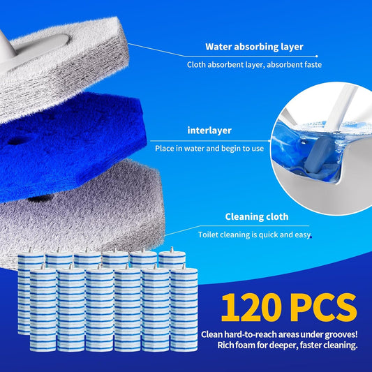 Hohoky 120pcs Bulk Pack of Disposable Toilet Brush Heads，Toilet Wand Refills for Toilet Bowl Brush Cleaner Pads,Toilet Brush Replacement Compatible Heads with Most Toilet Brushes