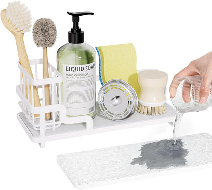 Consumest Sponge Holder for Kitchen Sink - Sink Caddy Organizer with Water Absorbing Stone Tray, Detachable Brush Holder, Stainless Steel Kitchen Counter Organizer Rack, Black