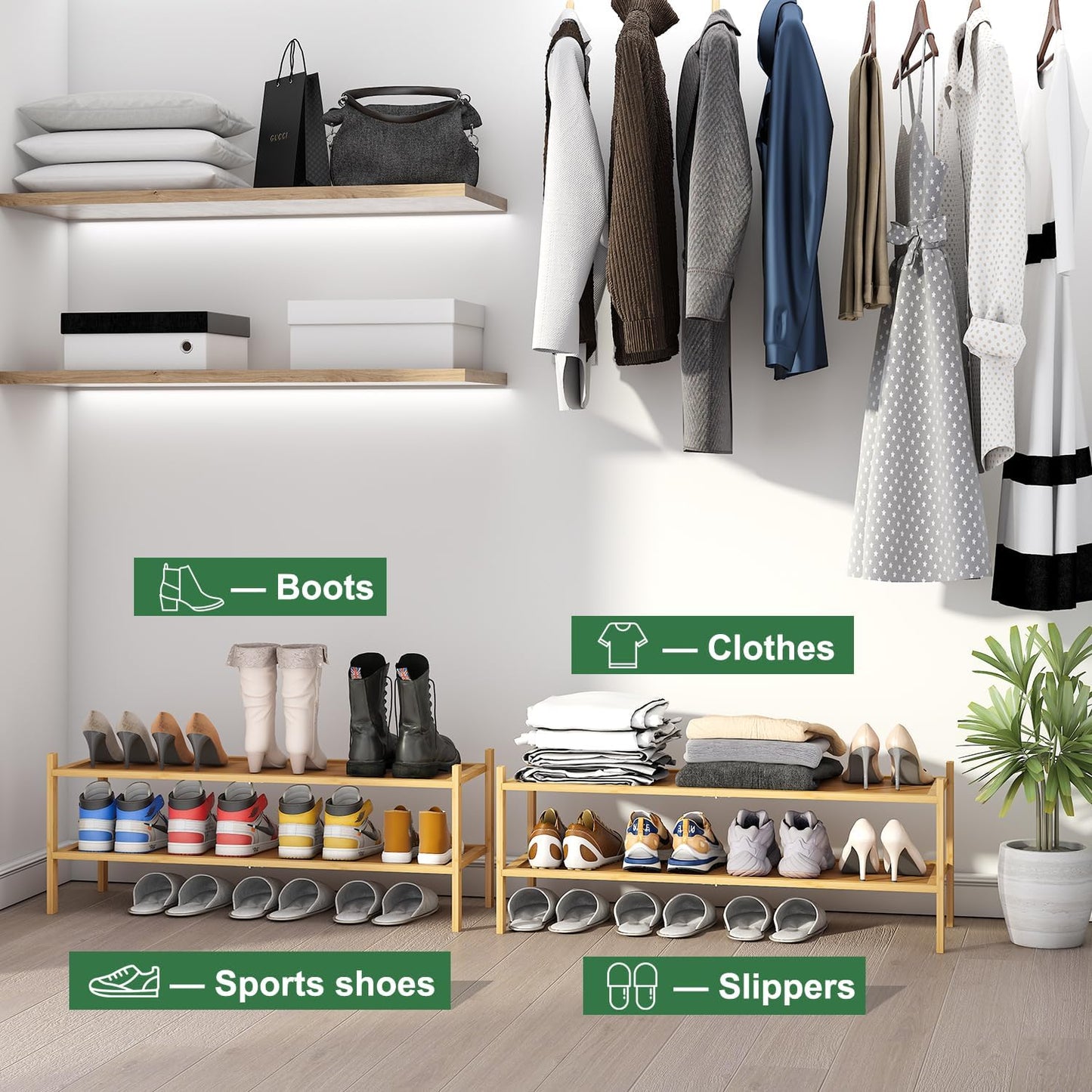 kiplant Small Shoe Rack, 4-Tier Bamboo Wood Shoe Rack for Entryway, Stackable Shoe Organizer for Hallway Closet, Free Standing Shoe Racks for Indoor & Outdoor