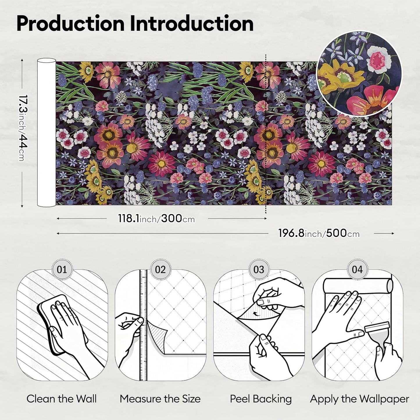 17"x118" Peel and Stick Wallpaper for Renter Friendly, Removable Wallpaper Peel and Stick, Self-Adhesive Textured Contact Paper for Walls, Cabinets, Countertops(Morning Song of Flowers)