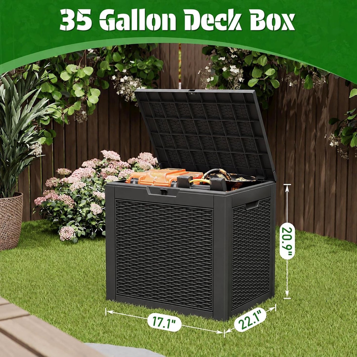 Bifanuo Outdoor Storage Box, 35 Gallon Deck Boxes Waterproof, Resin Storage Cabinet Multi Functional Storage Bench For Gardening Tools, Pool Supplies, Patio Furniture, Lockable