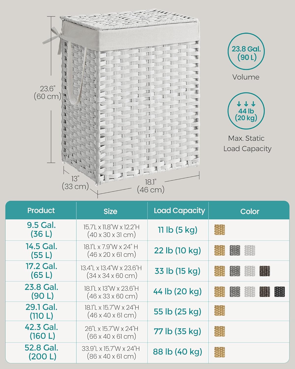 SONGMICS Laundry Hamper with Lid, 23.8 Gallon (90 L) Synthetic Rattan Clothes Laundry Basket with Lid and Handles, Foldable, Removable Liner, Chestnut Brown ULCB051K02