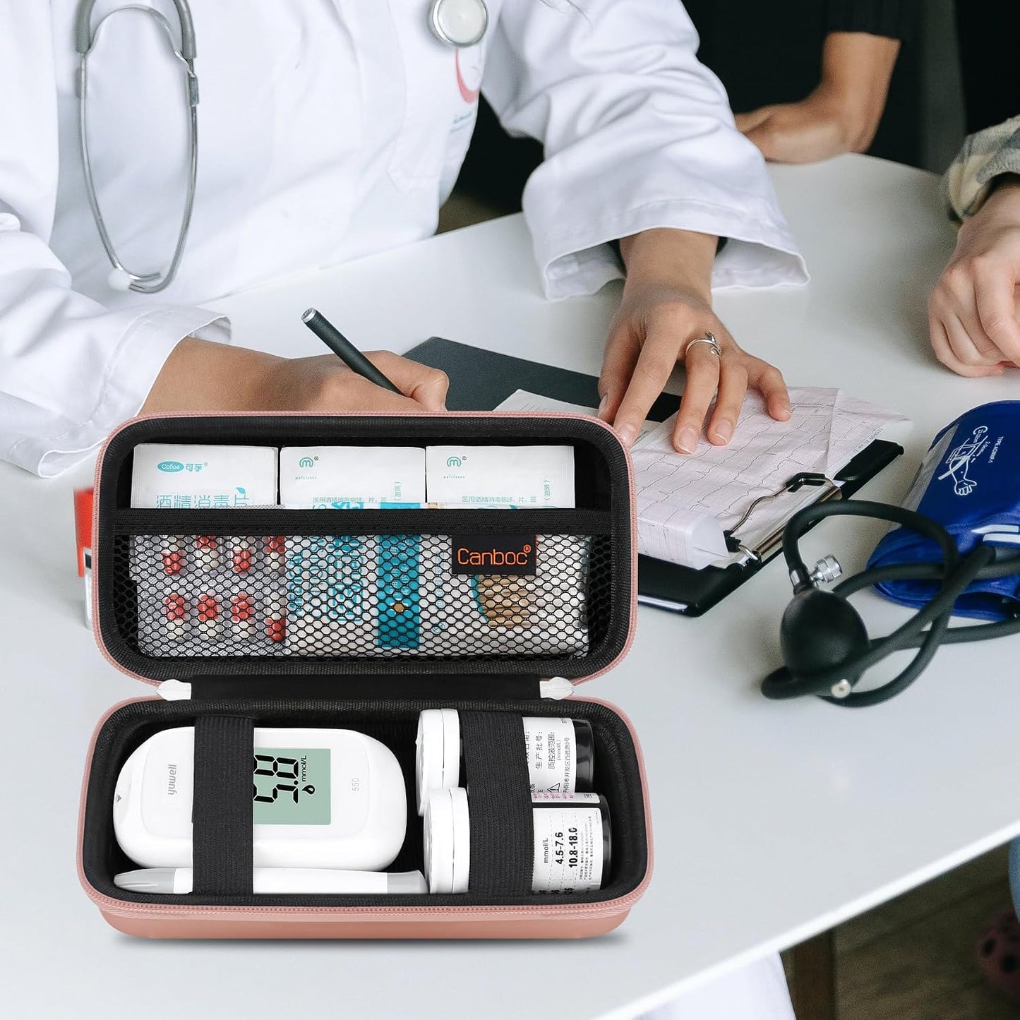 Canboc Diabetic Supplies Case, Carrying Organizer for Glucose Meter, Lancing Device, Blood Sugar Test Strips, Lancets, Insulin Pens, Alcohol Wipe and Other Diabetes Care Accessories, Rose Gold
