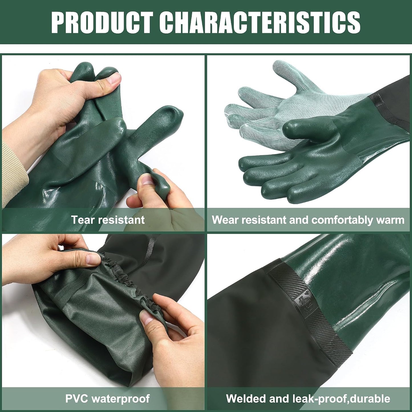 27" Full Arm Pond Gloves, Long Heavy Duty Gloves with Cotton Lining, Waterproof Rubber Chemical Resistant Glove