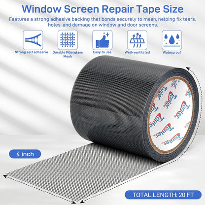 Window Screen Repair Tape 2 in x 40 FT Fiberglass Strong Adhesive Screen Patch, Waterproof Mesh Repair Kit for Window & Door Screen Holes Tears - Gray