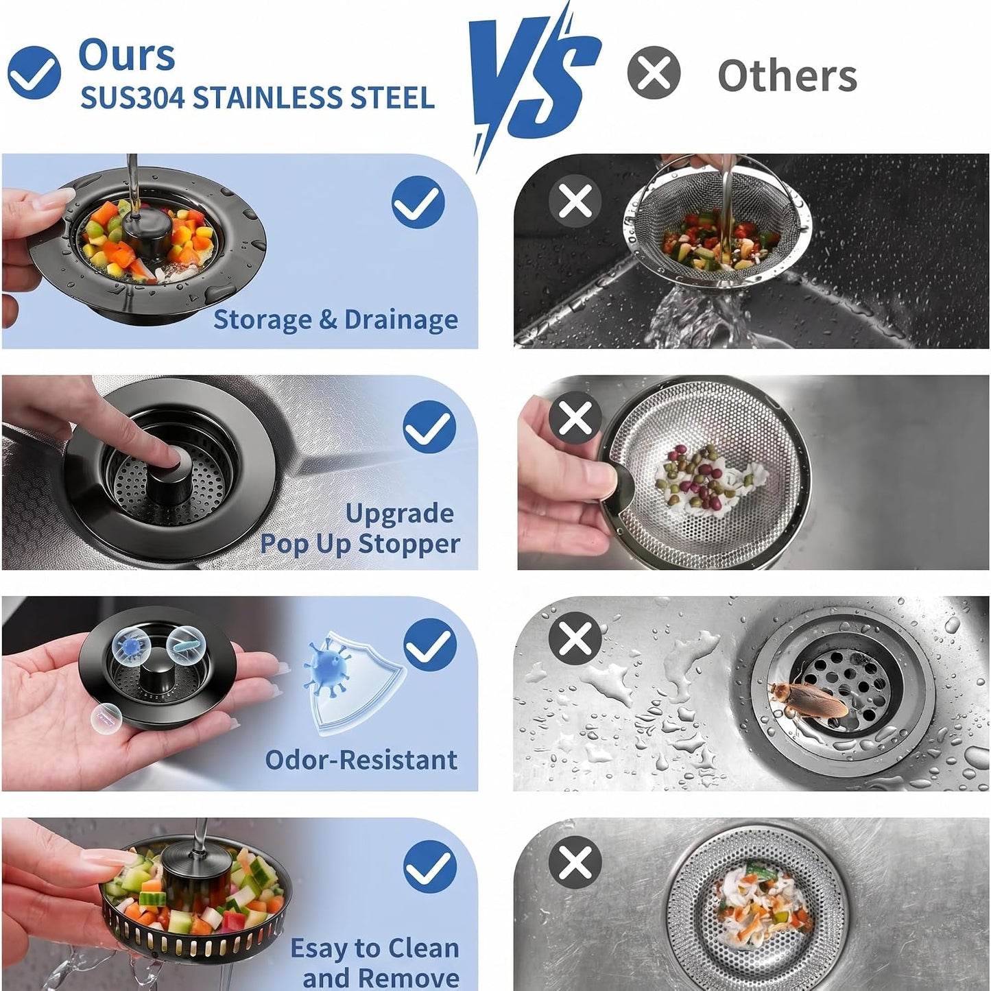 3-in-1 Kitchen Sink Drain Strainer - Pop Up Sink Stopper, Stainless Steel Sink Drain Strainer, Kitchen Sink Stopper & Drain Plug with Anti-Clogging Basket,Sink Strainer Fits US Standard 3-1/2'' Drains